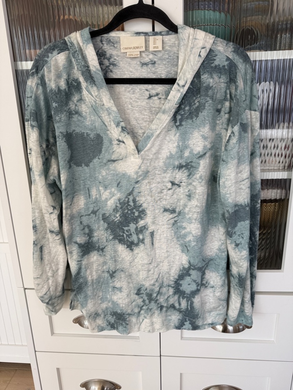 Cynthia Rowley 100% linen Teal and White Tie-Dye V-Neck Hoodie Top